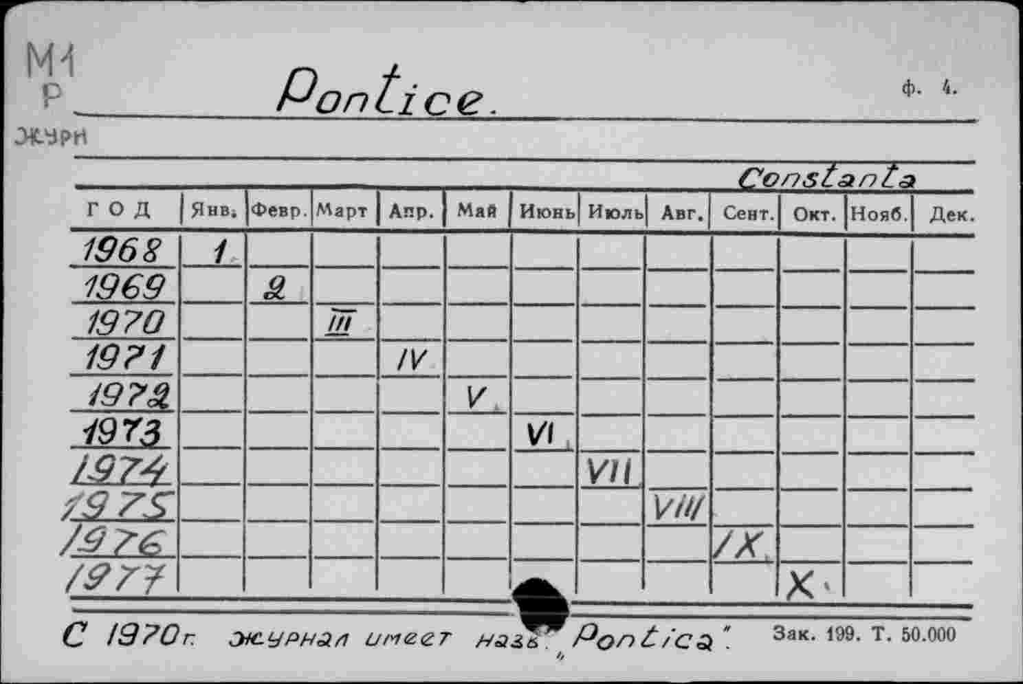 ﻿P Pontic_________________________
ЭКУРК
Constanta
год	ЯНВ;	Февр.	Март	Апр.	Май	Июнь| Июль		Авг.	Сент.	Окт.	Нояб.	Дек.
1968	1											
1969		3.										
1970			ÙL									
1971				/и								
19 7£					V							
ют з												
ІЯ7Л							VII					
/979								V1U				
/976									/X			
/97/										X’		
C !9?0г. ЭТС-УРНАЛ имеет паз.-. РопР/Са ". Зак. 199. т. 50.000